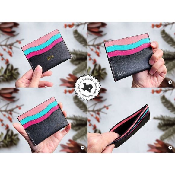 Personalized Monogram Credit Card Holder Black Pink Teal Blue Saffiano Leather - Picture 1 of 5